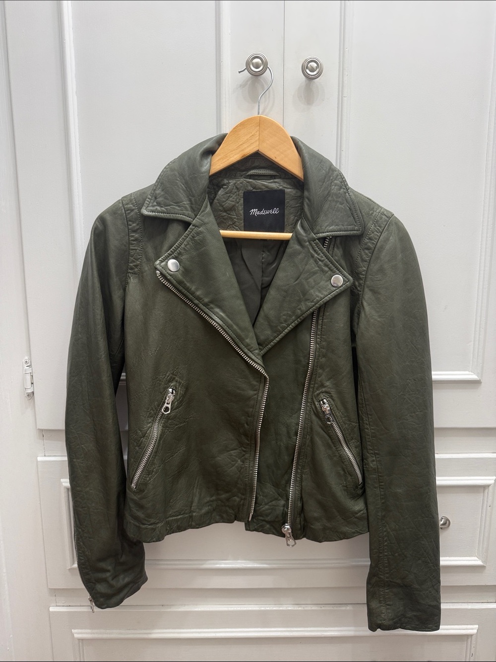 Madewell Olive Green Leather Moto Jacket with Silver Hardware